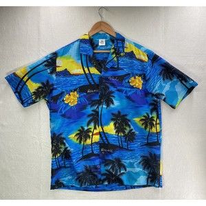 Hawaii Short Sleeve Camp Shirt Creations Palm Trees Bright Colors Size L Vintage